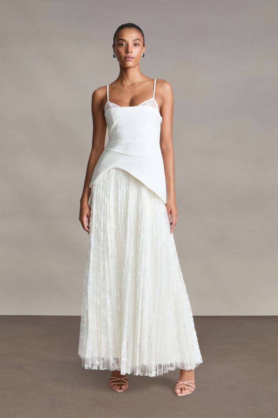 AMUR Leighton Pleated Lace Gown White Sleeveless Maxi Wedding Dress Size 4 NWT
